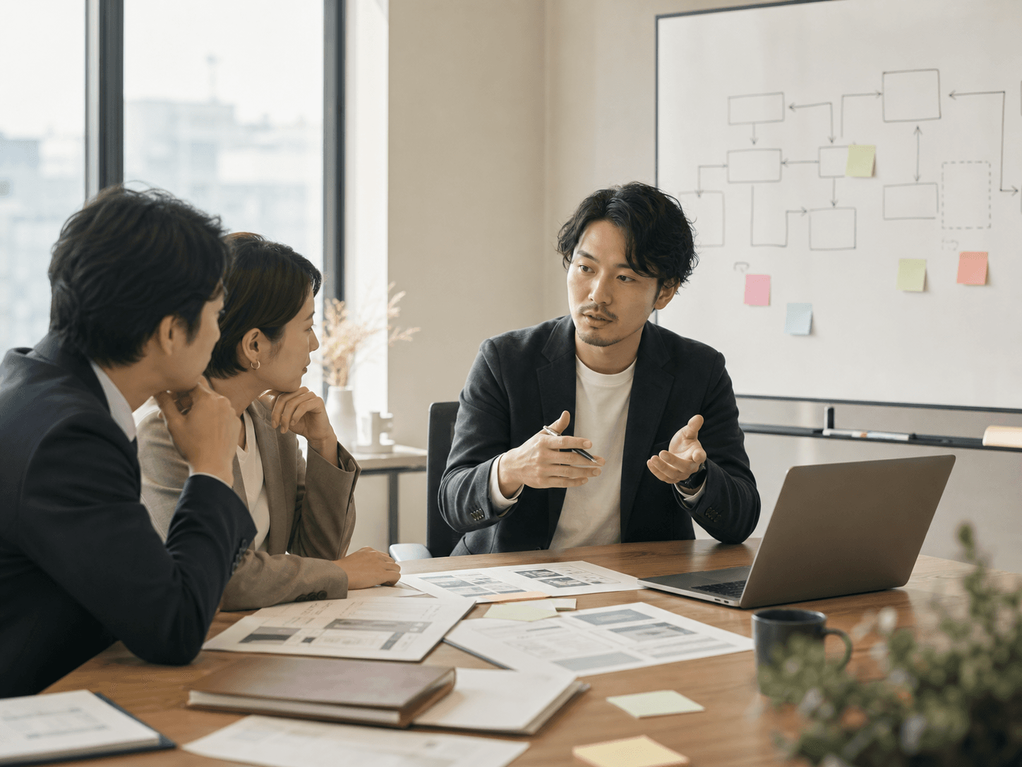 発注側企業と技術相談役がシステム開発の要件や運用を相談している様子